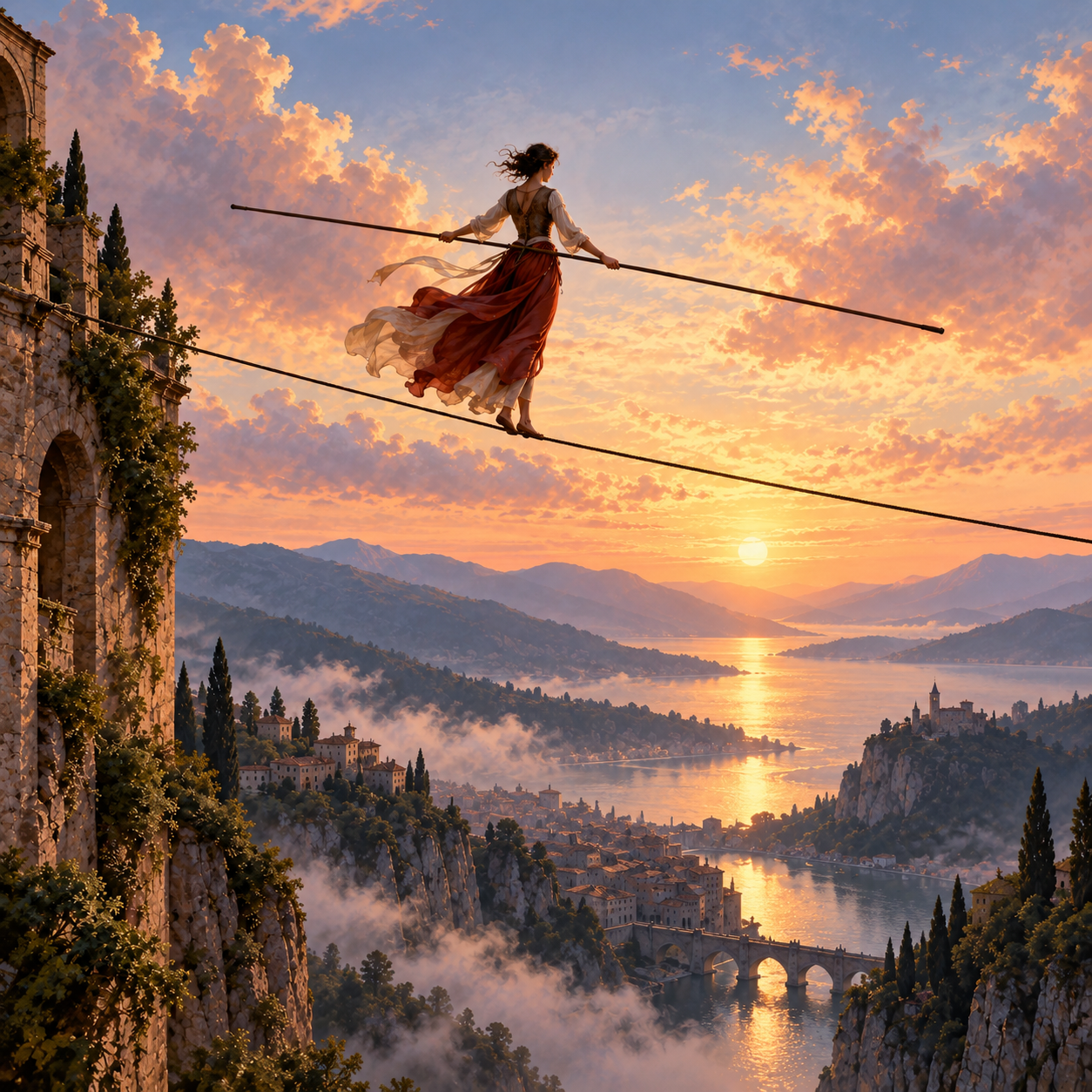 Equilibriste au coucher du soleil sur le fjord